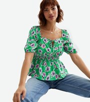 New Look Green Floral Square Neck Peplum Blouse